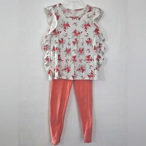 Childrens Place Girls Floral Top Ruffle Sleeve Peach Leggings Set Outfit Size 5t
